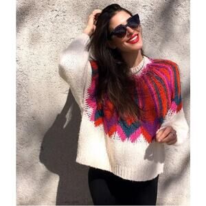 Zara Jacquard Sweater Fuzzy Shaggy Ivory Knit Oversize Bold Vibrant Red Purple M